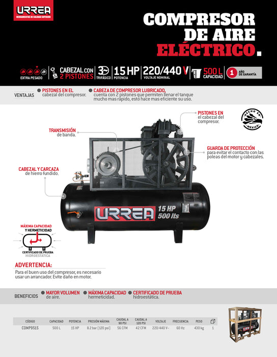 Compresor de aire eléctrico de banda 500L, 15HP, 220V - 440V Urrea