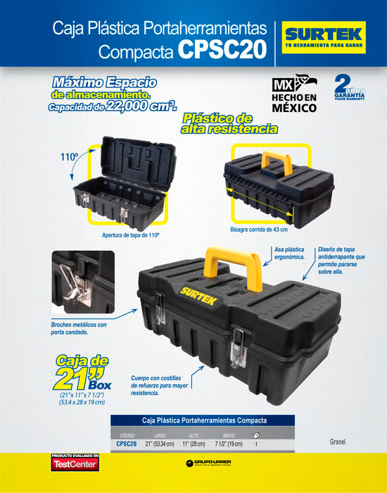 Caja portaherramientas plástica con broches metálicos color negro 21" x 11" x 7" Surtek