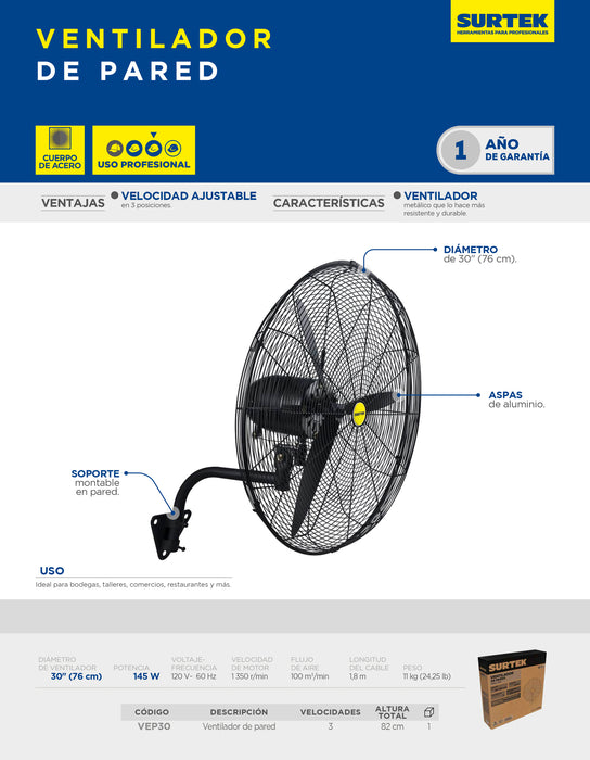Ventilador de pared 3 velocidades, 30" Surtek