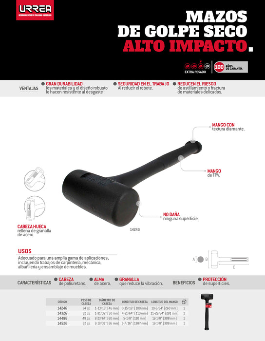 Mazo de golpe seco tapas fijas de alto impacto con mango Rubber grip de 12-1/8", 48 oz Urrea