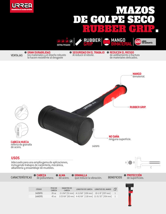 Mazo de golpe seco tapas fijas con mango Rubber grip de 10-1/8", 26 oz Urrea