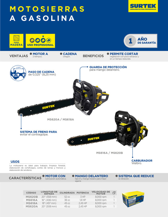 Motosierra a gasolina 20", 52cc Surtek