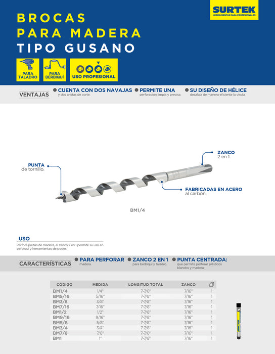 Broca para madera de acero al carbono tipo gusano 1" zanco 2 en 1 Surtek