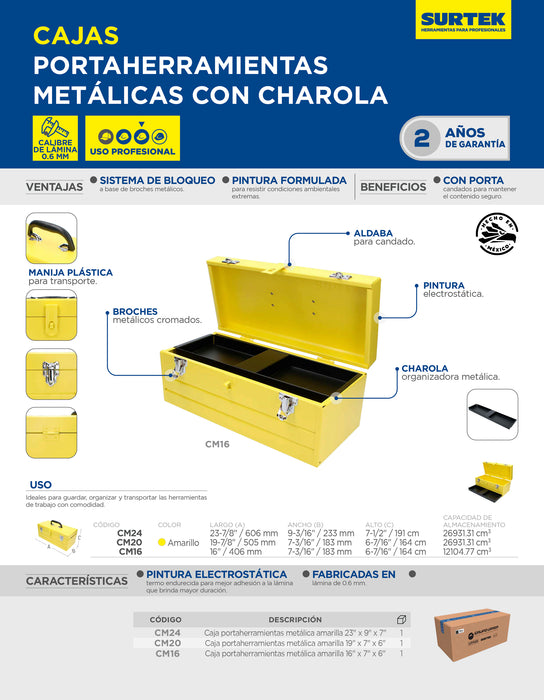 Caja portaherramientas metálica color amarillo con charola 19" x 7" x 6" Surtek