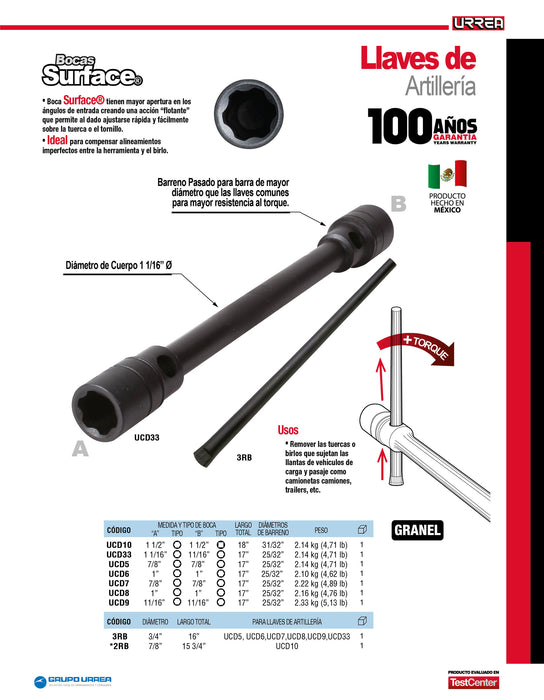 Llave de artillería fosfatizada doble boca hexagonal combinada, 1-1/2", 13/16" Urrea