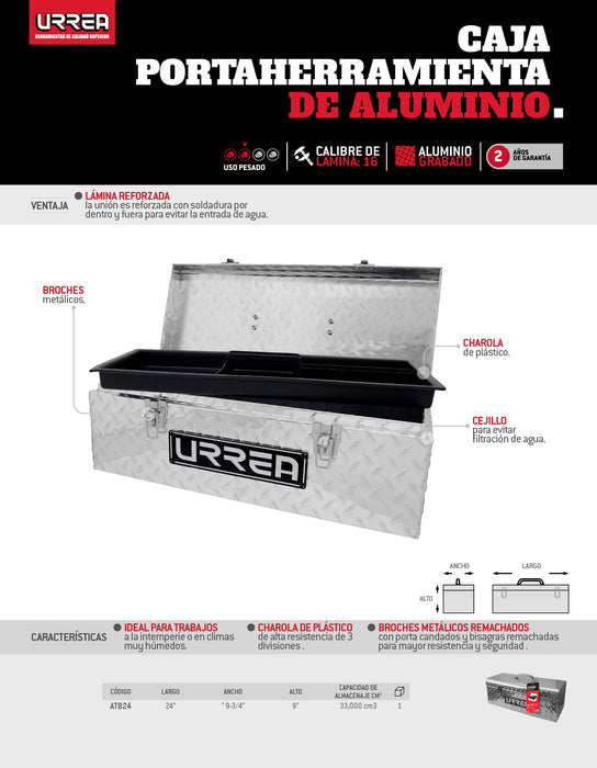 Caja portaherramientas de aluminio 24" x 9" x 9" con charola plástica Urrea