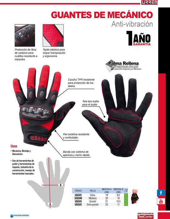 Guantes de mecánico anti-vibración con protección para nudillos M Urrea