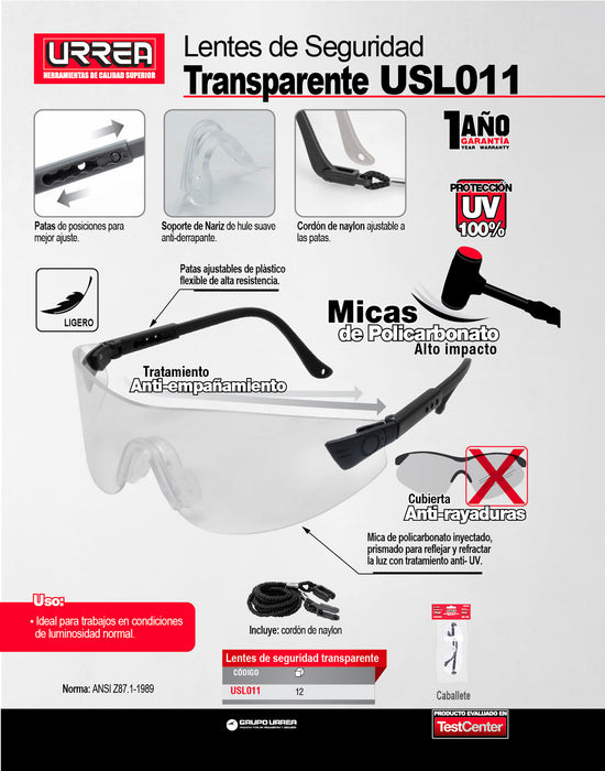 Lentes de seguridad modelo Top vision, transparentes Urrea