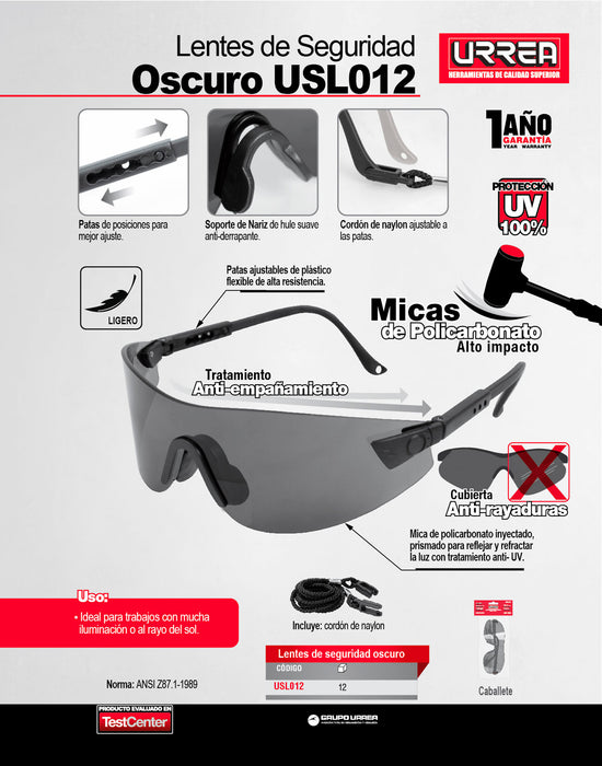 Lentes de seguridad modelo Top vision, oscuros Urrea