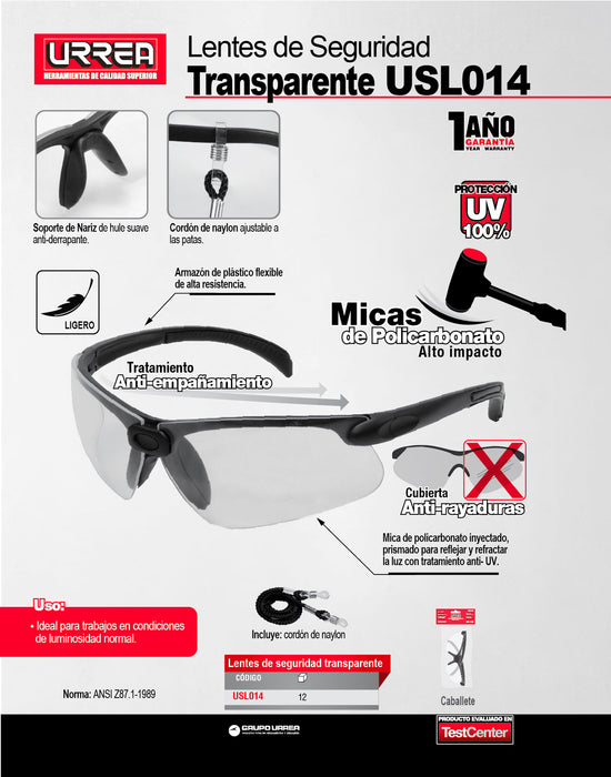 Lentes de seguridad modelo Active, transparentes Urrea