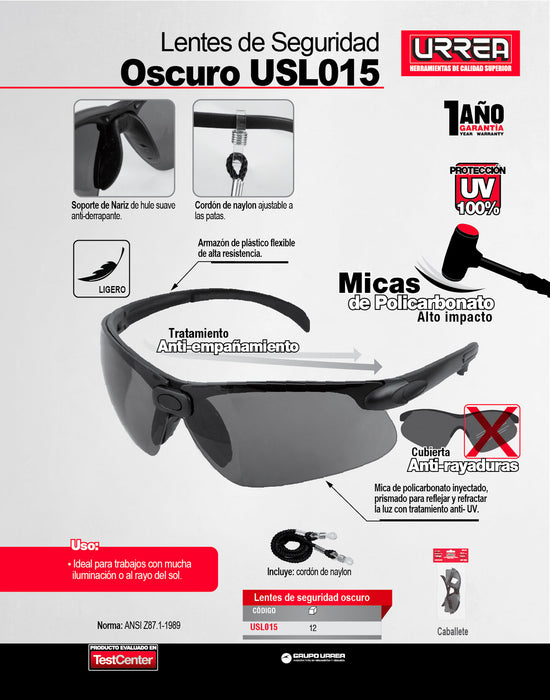 Lentes de seguridad modelo Active, oscuros Urrea