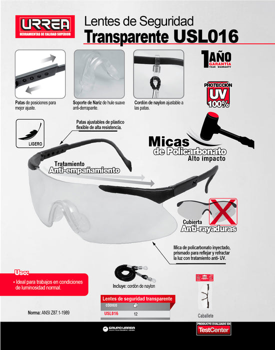 Lentes de seguridad modelo Sport, transparentes Urrea
