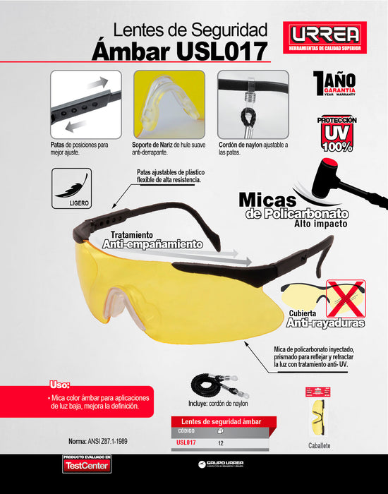 Lentes de seguridad modelo Sport, ámbar Urrea