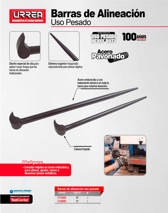 Barra de alineación con punta curva forjada 16" Urrea