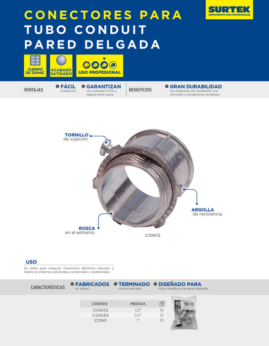 Conector para tubo conduit pared delgada 1/2" Surtek