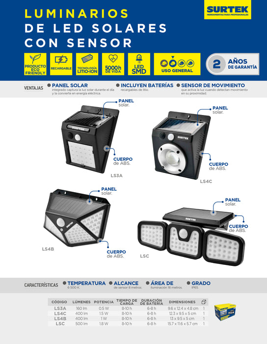 Luminario de LED solar con sensor de 160 lm Surtek