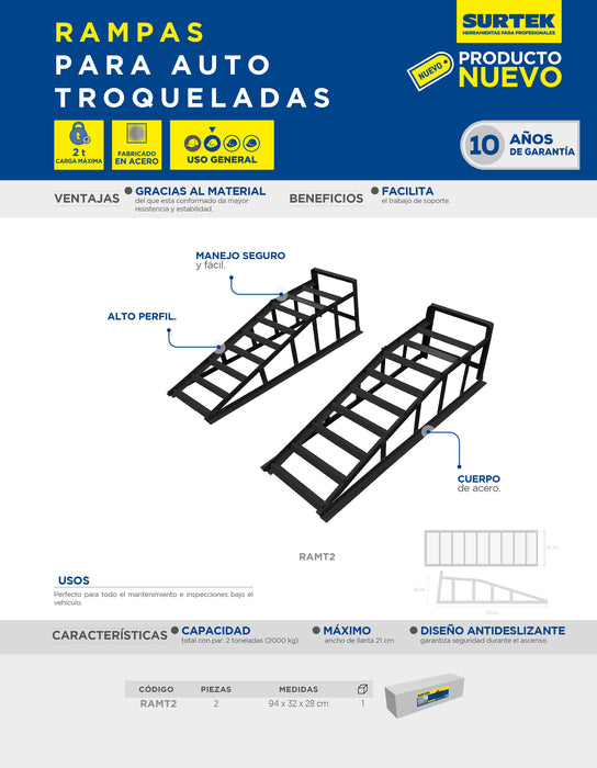 Rampas hidráulicas para automóvil troquel, soporta 2 toneladas, 2 piezas Surtek