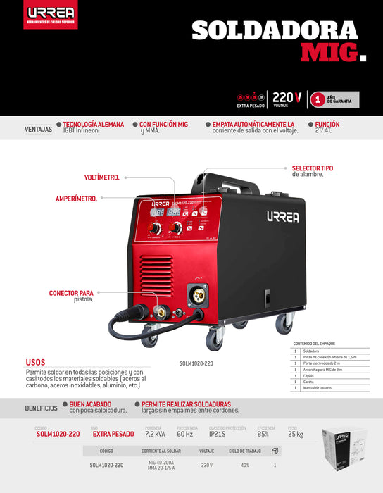 Soldadora inverter para uso con microalambre de 1 fase 220 V, 200 A Urrea