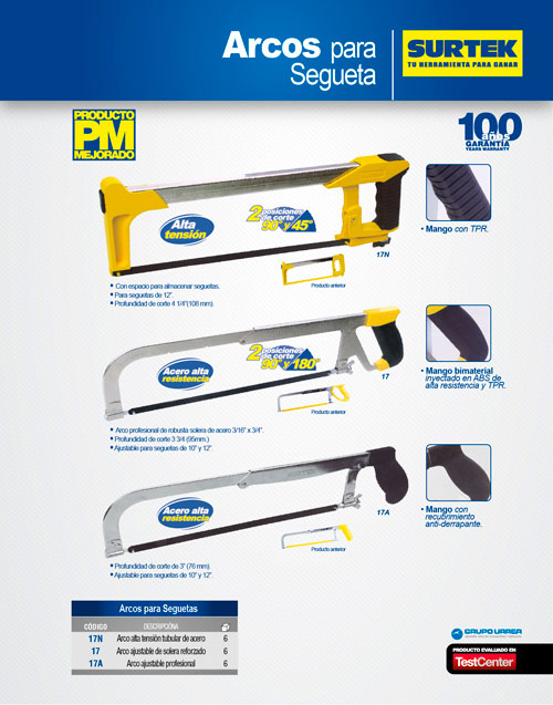 Arco de segueta ajustable con mango bimaterial 10" y 12", 17" Surtek