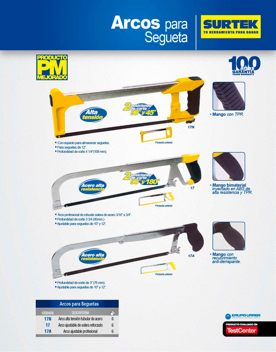 Arco de segueta de alta tensión fijo 12", 17" Surtek