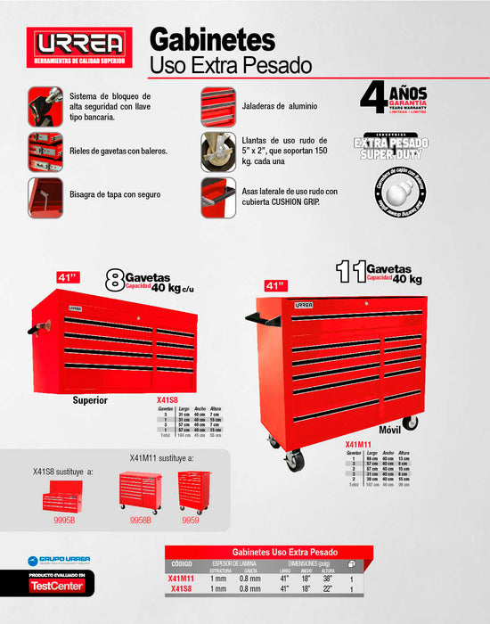 Gabinete móvil 11 gavetas color rojo serie X 41" Urrea