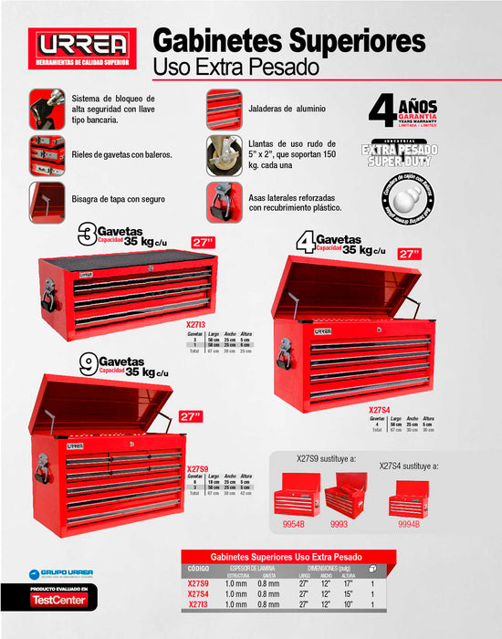 Gabinete superior 4 gavetas color rojo serie X 27" Urrea