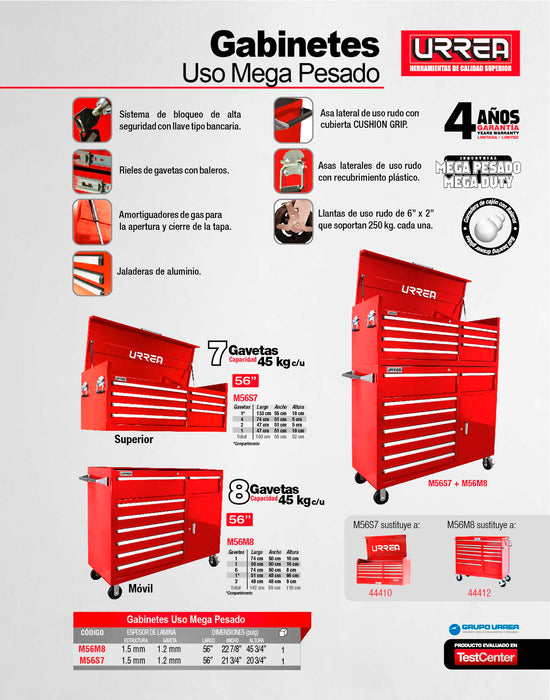 Gabinete móvil 8 gavetas color rojo serie M 56" Urrea