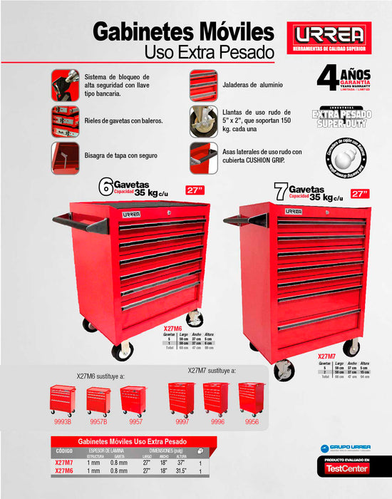 Gabinete móvil 6 gavetas color rojo serie X 27" Urrea
