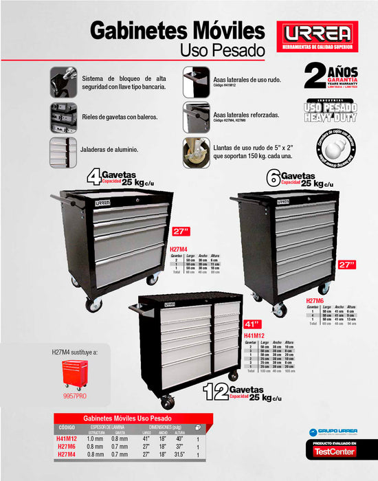 Gabinete móvil 4 gavetas color negro serie H 27" Urrea