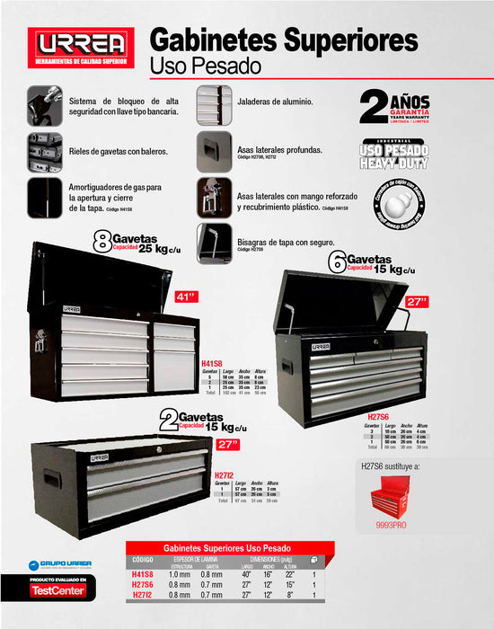 Gabinete superior 8 gavetas color negro serie H 41" Urrea