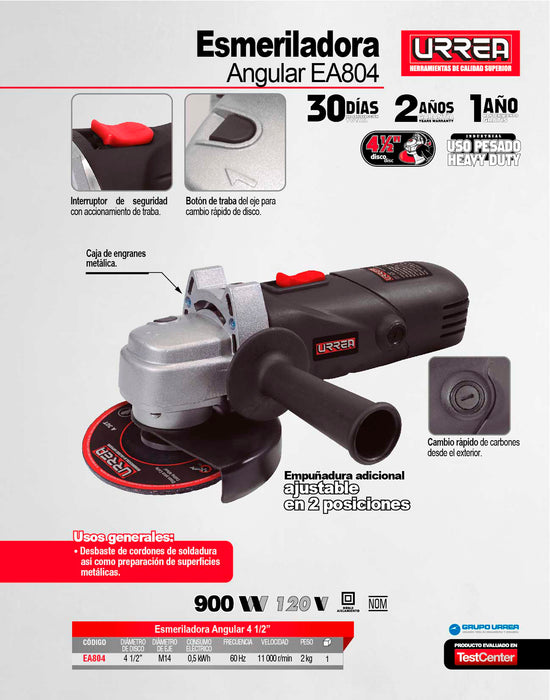 Mini esmeriladora angular 4-1/2" 900 W 120 V, 11000 RPM Urrea