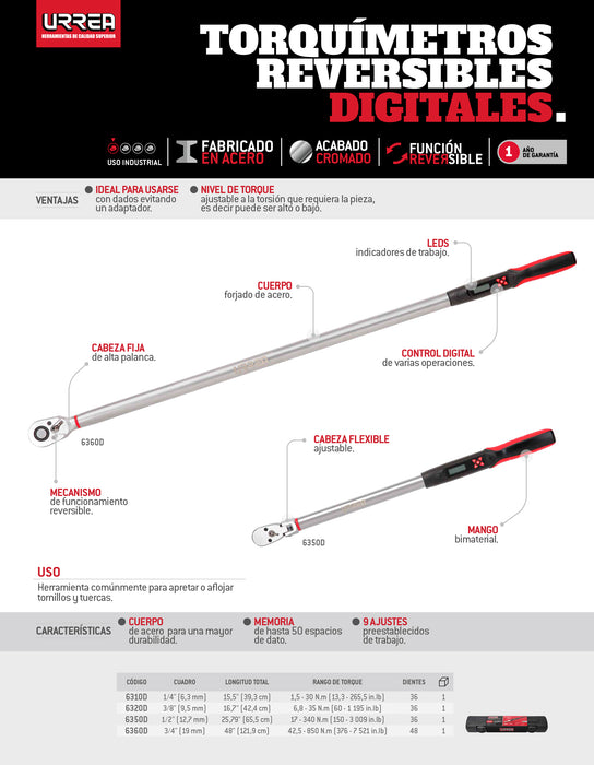 Torquímetro digital cuadro de 3/8", 60-1200 in-lb Urrea