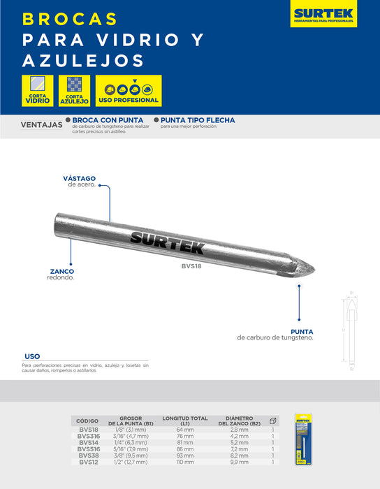 Broca para vidrios y azulejos de acero con cabeza de carburo de tungsteno 1/8" Surtek