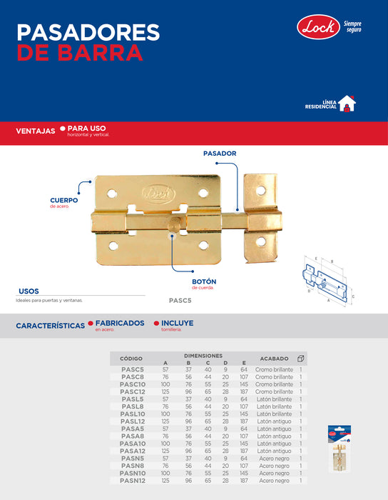 Pasador de sobreponer de barra acero negro 10 cm Lock