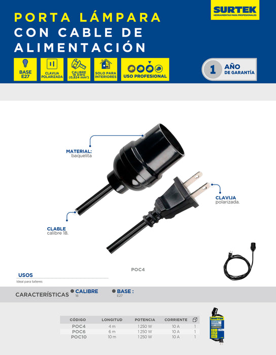 Portalámpara con cable de alimentación 2 x 18 4 m Surtek