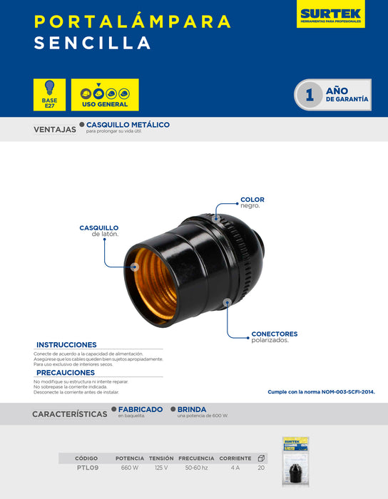 Portalámpara sencilla, color negro Surtek
