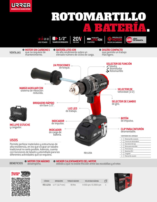Rotomartillo de impacto 1/2" a batería Litio-ion 20 V, 70 Nm Urrea