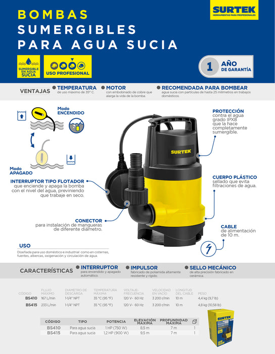 Bomba sumergible para agua sucia 1 HP 120 V Surtek