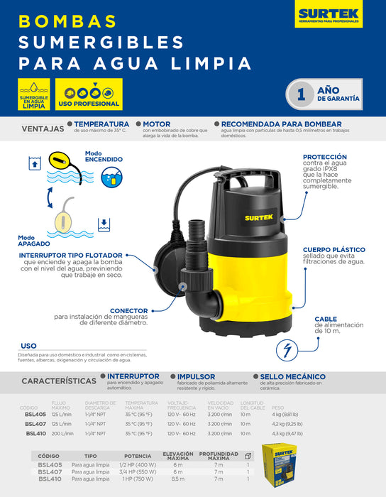 Bomba sumergible para agua limpia 1/2 HP 120 V Surtek