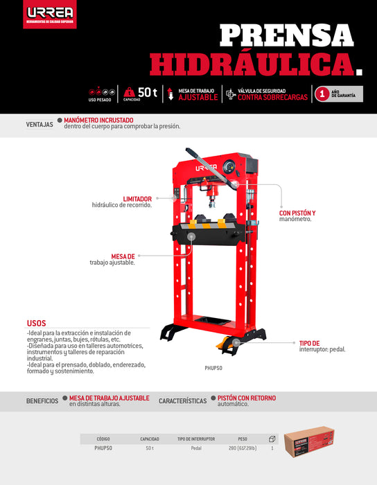 Prensa hidráulica con pedal 50 ton Urrea