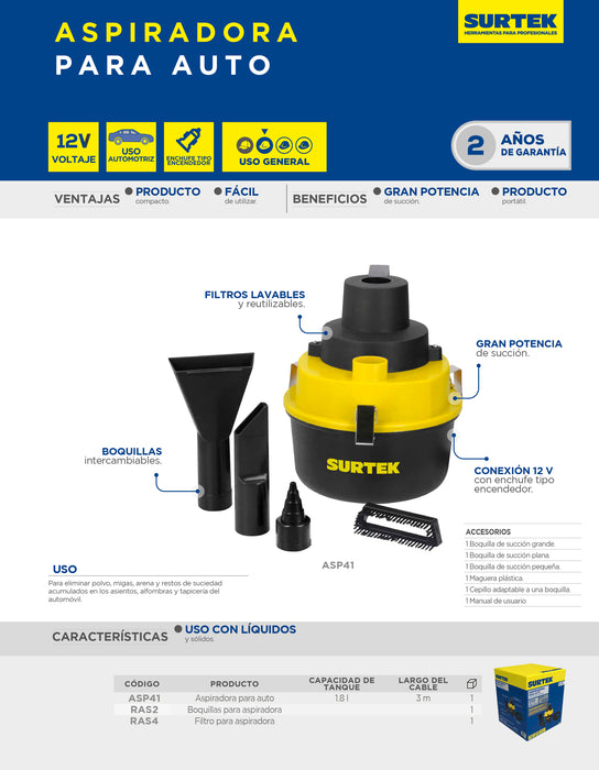 Aspiradora portátil para automóvil 1800 ml, 12 V Surtek