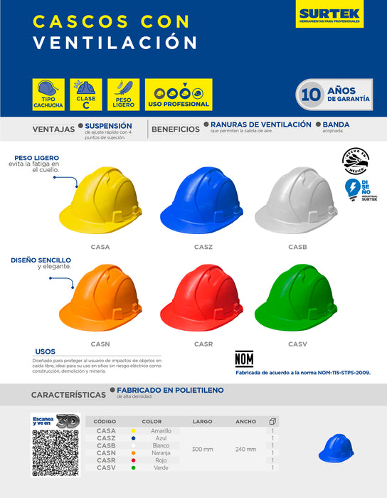 Casco de seguridad con ajuste de intervalos de 4 puntos, color azul Surtek