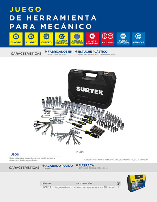 Juego combinado de herramienta para mecánico 214 piezas, con maletín plástico Surtek