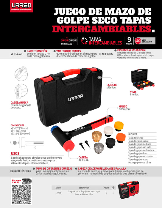 Juego de mazo de golpe seco con mango Rubber grip tapas intercambiables 16 oz, 9 piezas Urrea