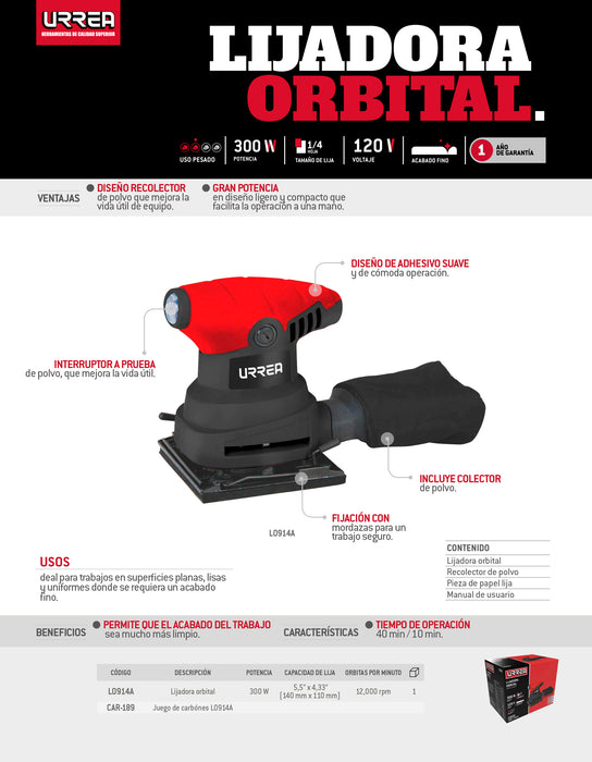 Lijadora orbital 1/4 de hoja 300 W 120 V, 12000 RPM Urrea