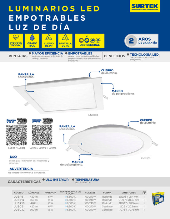 Luminario de LED empotrable redondo 12 W, luz de día Surtek