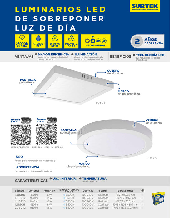 Luminario de LED de sobreponer redondo 12 W, luz de día Surtek