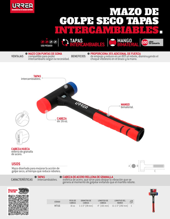 Mazo de golpe seco con mango Rubber grip tapas intercambiables 16 oz Urrea