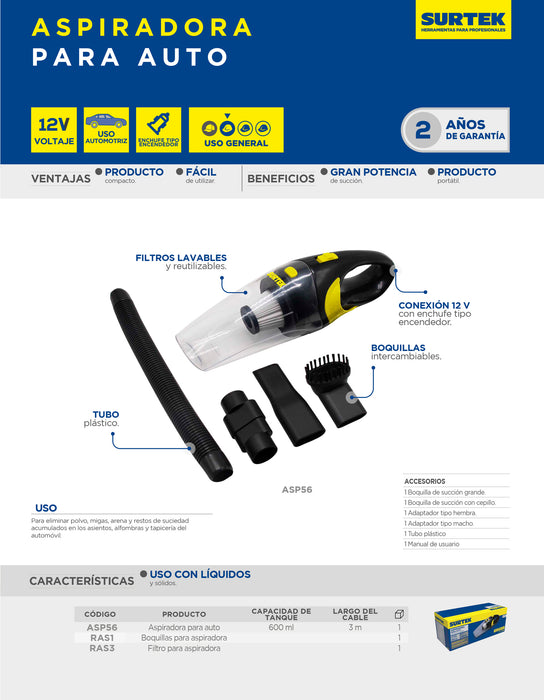 Aspiradora portátil para automóvil 600 ml, 12 V Surtek
