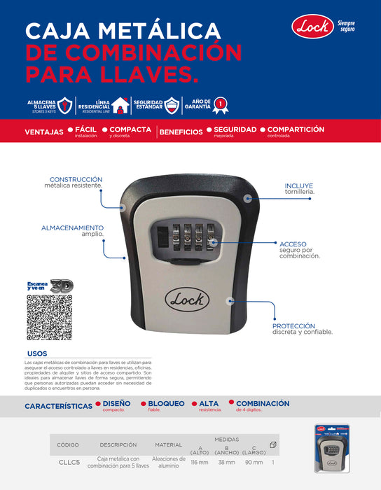 Caja metálica de combinación para 5 llaves, para pared Lock
